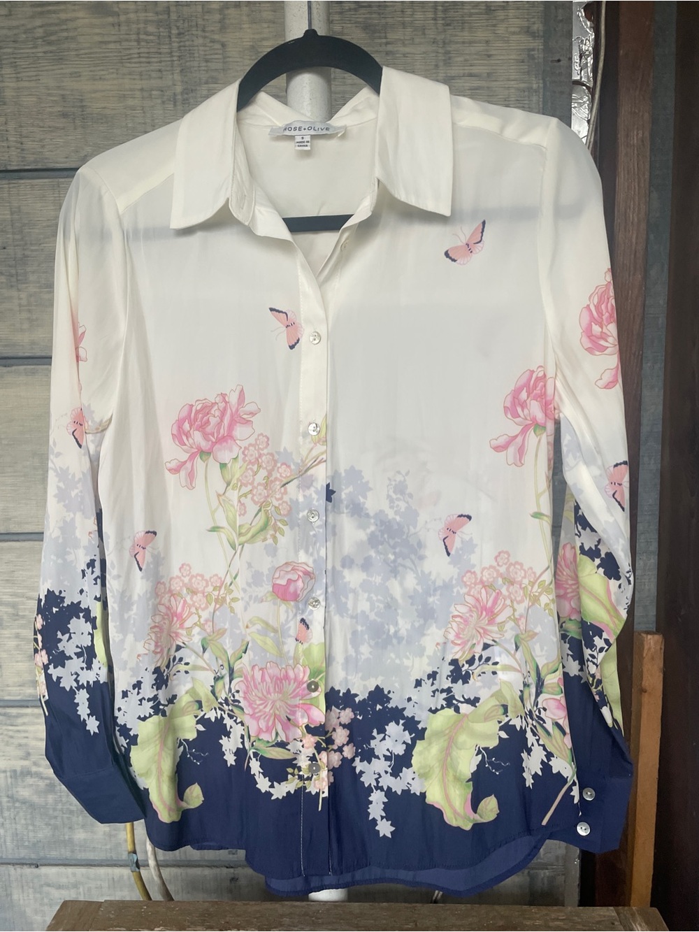 Rose & Olive Cream Floral Button-Down Shirt with Navy Hem
